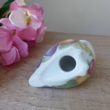 Porcelain owl figurine with fruit decoration, miniature owl with garden fruits