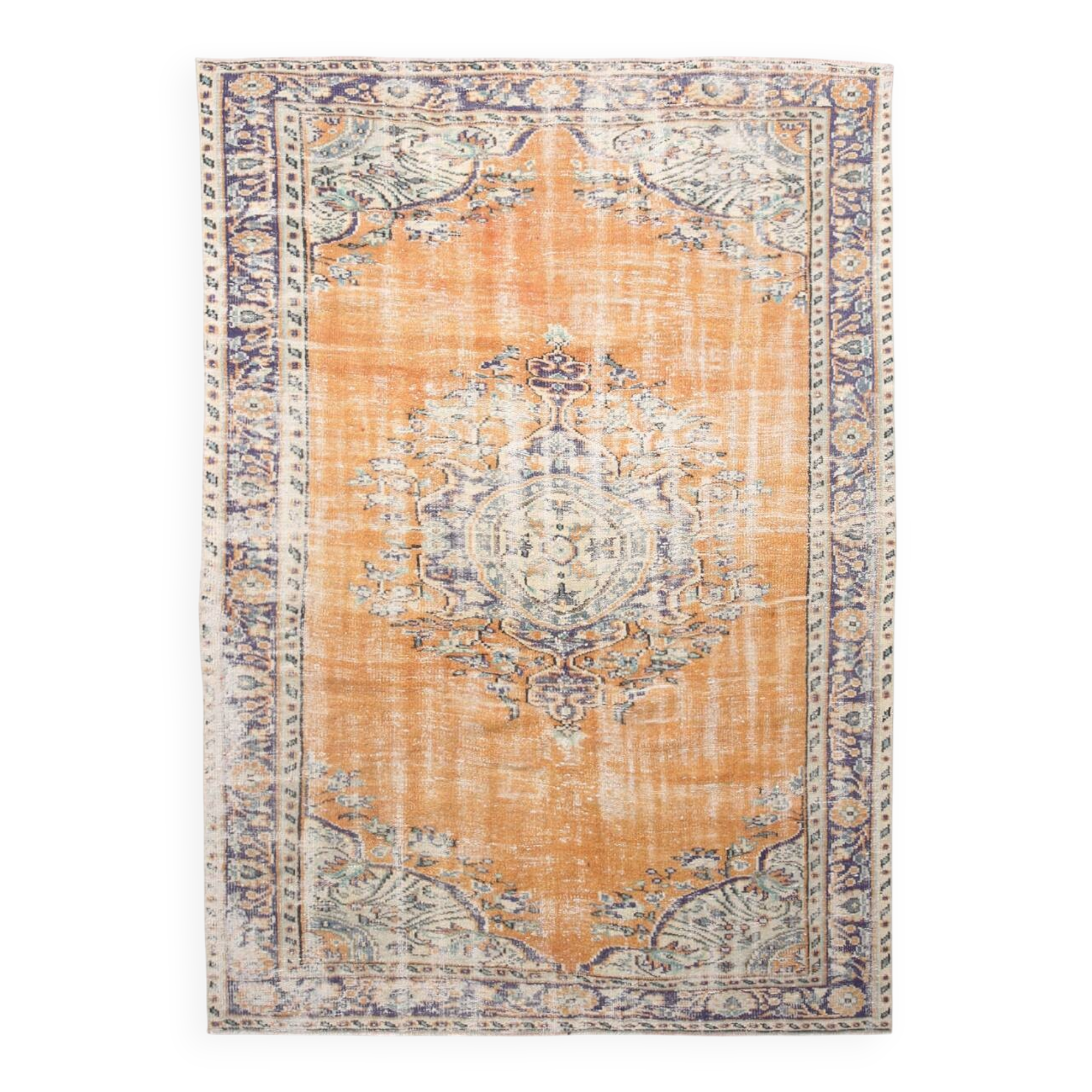 7x9 Orange & Cream Oriental Pattern Vintage Rug, 202x282Cm