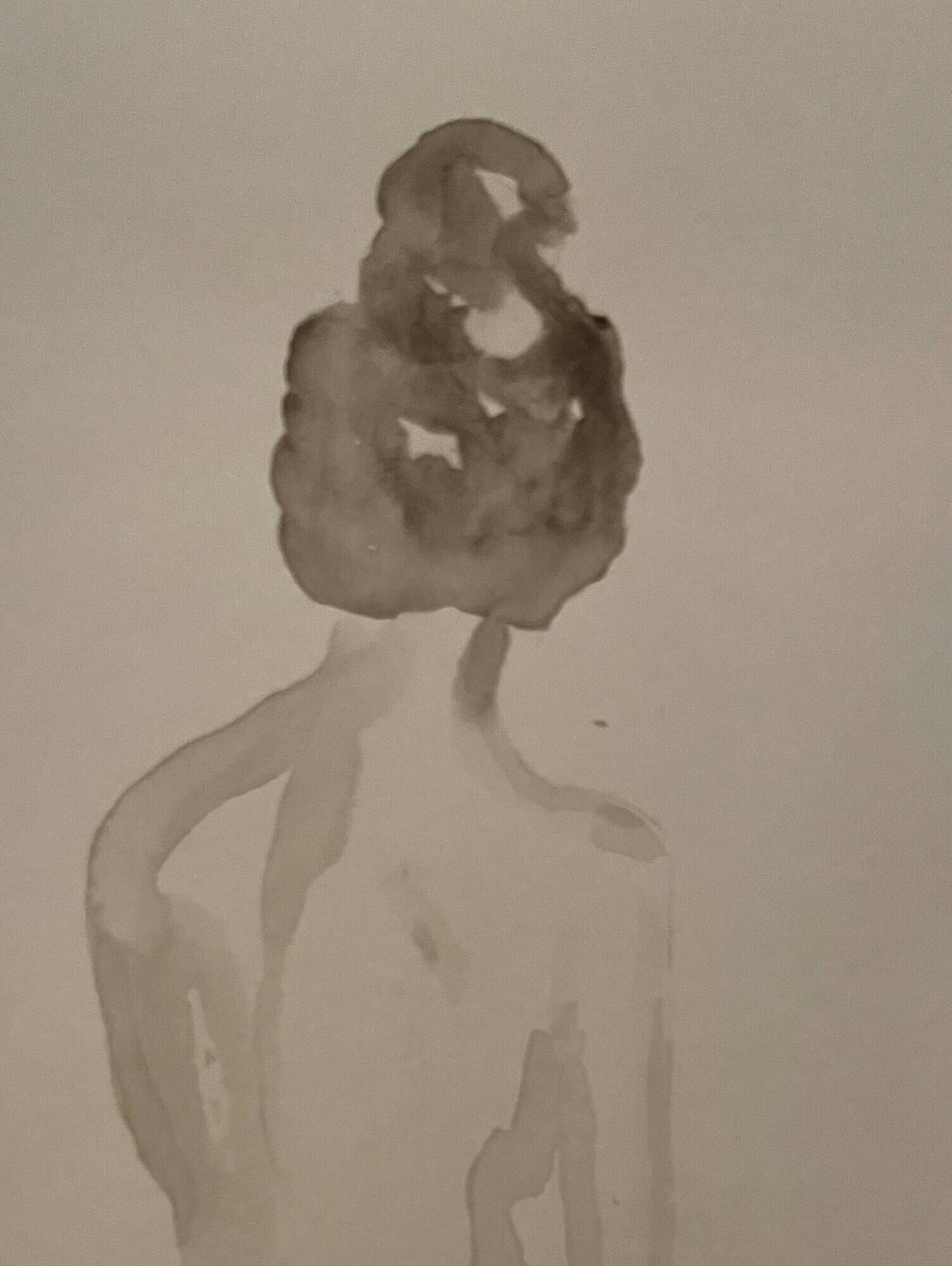 Signed painting monochrome watercolor sepia female portrait "the wait"