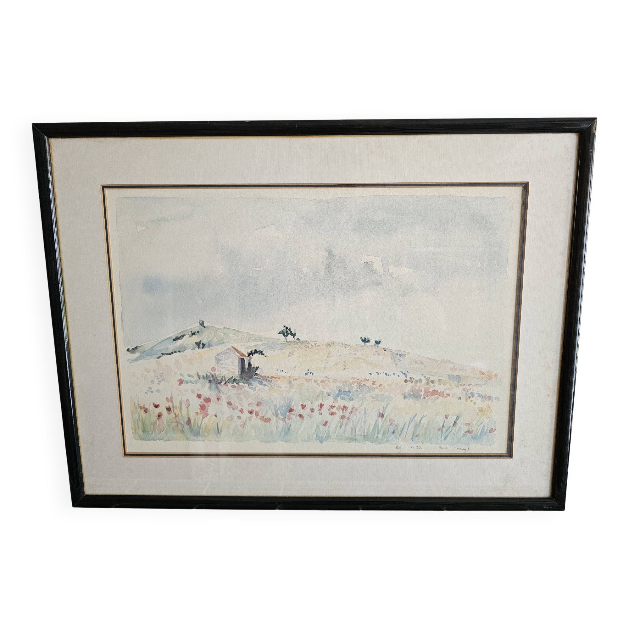 Painting - Watercolor landscape with poppies - View of Irancy (Yonne)