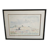 Painting - Watercolor landscape with poppies - View of Irancy (Yonne)