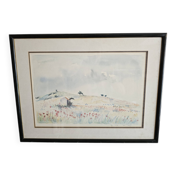 Painting - Watercolor landscape with poppies - View of Irancy (Yonne)
