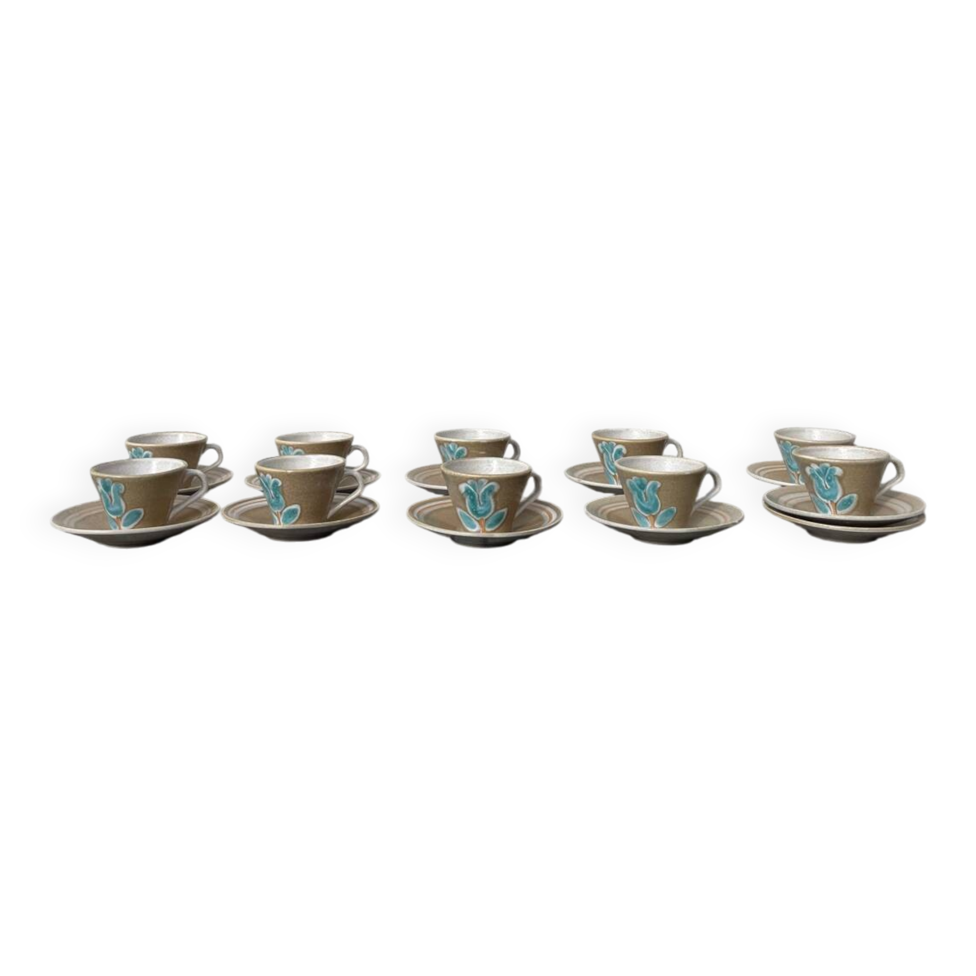 Stoneware coffee service from Pornic with turquoise flower print, 1970s-80s