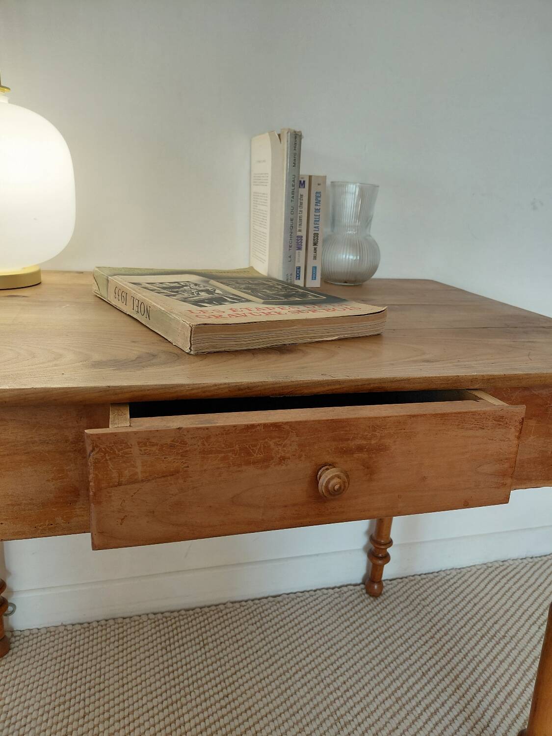 Old solid wood console - turned legs - drawer in chic country style