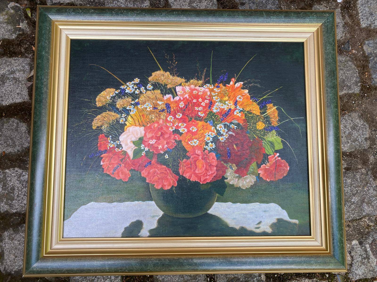 Old painting on canvas with Frey green and gold frame 58x51cm