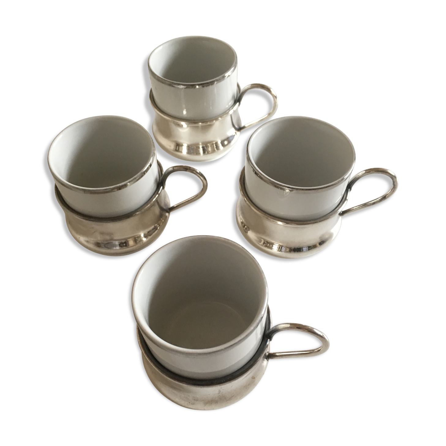 Set of 4 coffee cups silver metal coves Italian design, 70s