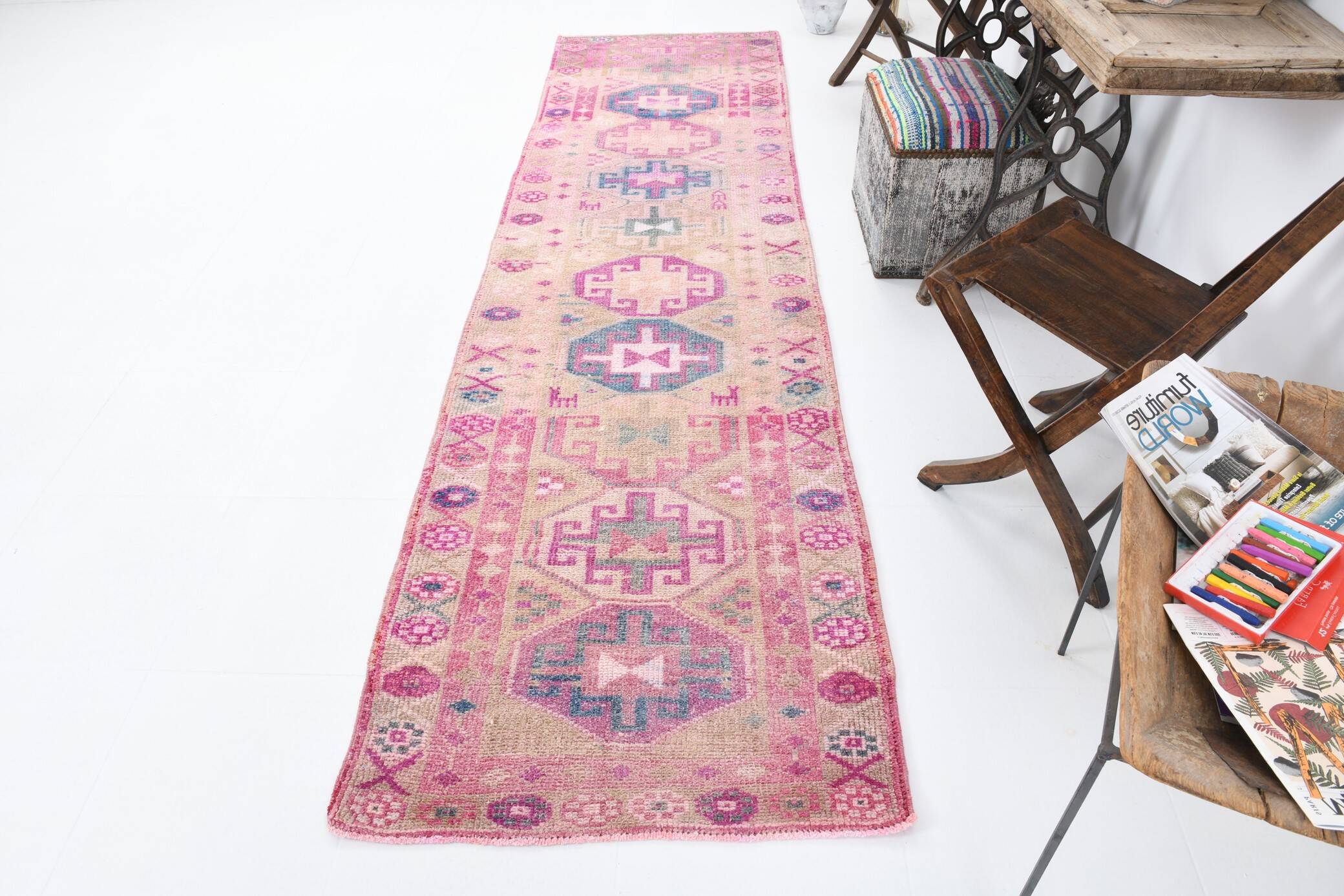 3x10 Rug For Hallway Pink Blue Vintage Runner Rug, 85x318Cm