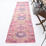 3x10 Rug For Hallway Pink Blue Vintage Runner Rug, 85x318Cm