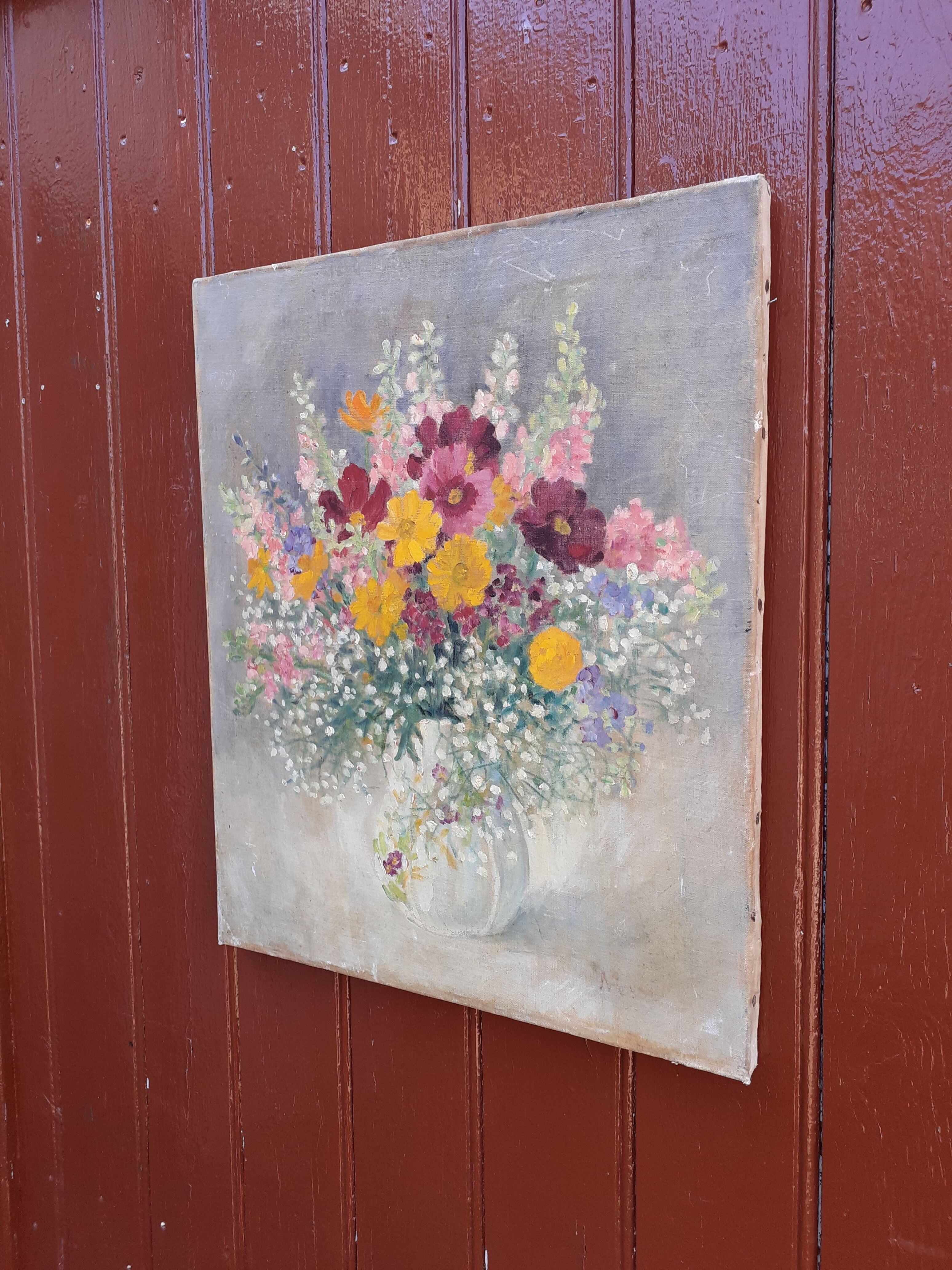 The summer bouquet of flowers, oil on old canvas