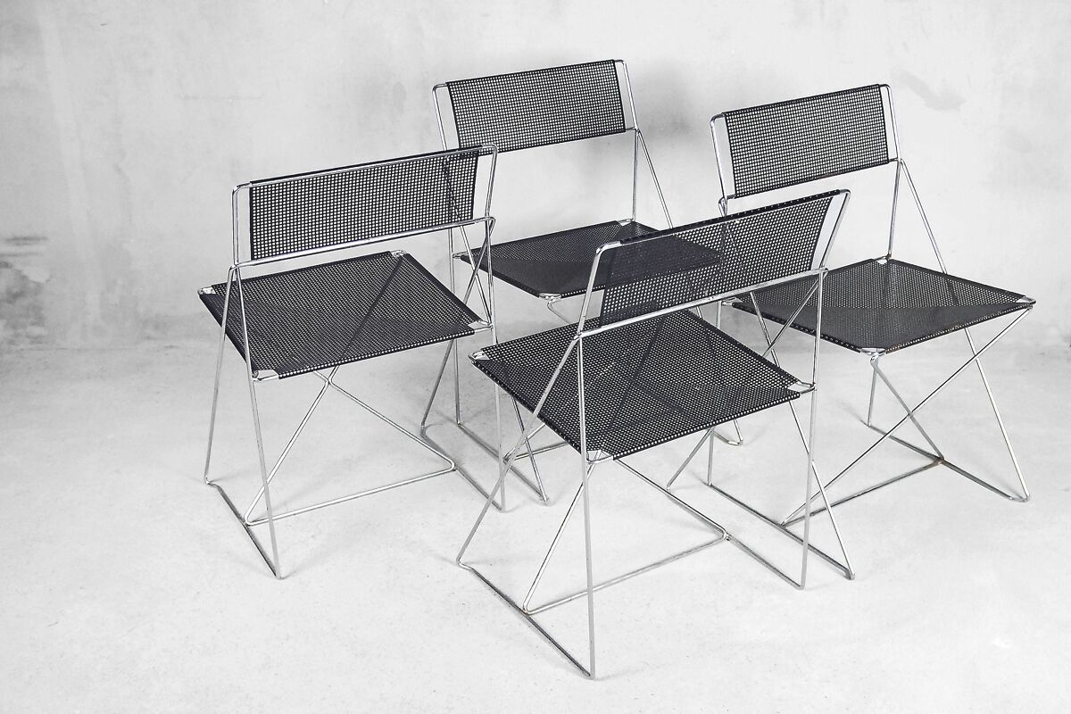 Minimalist Metal X-Line Chairs by Niels Jørgen Haugesen for Hybodan, 1970s, Set of 4