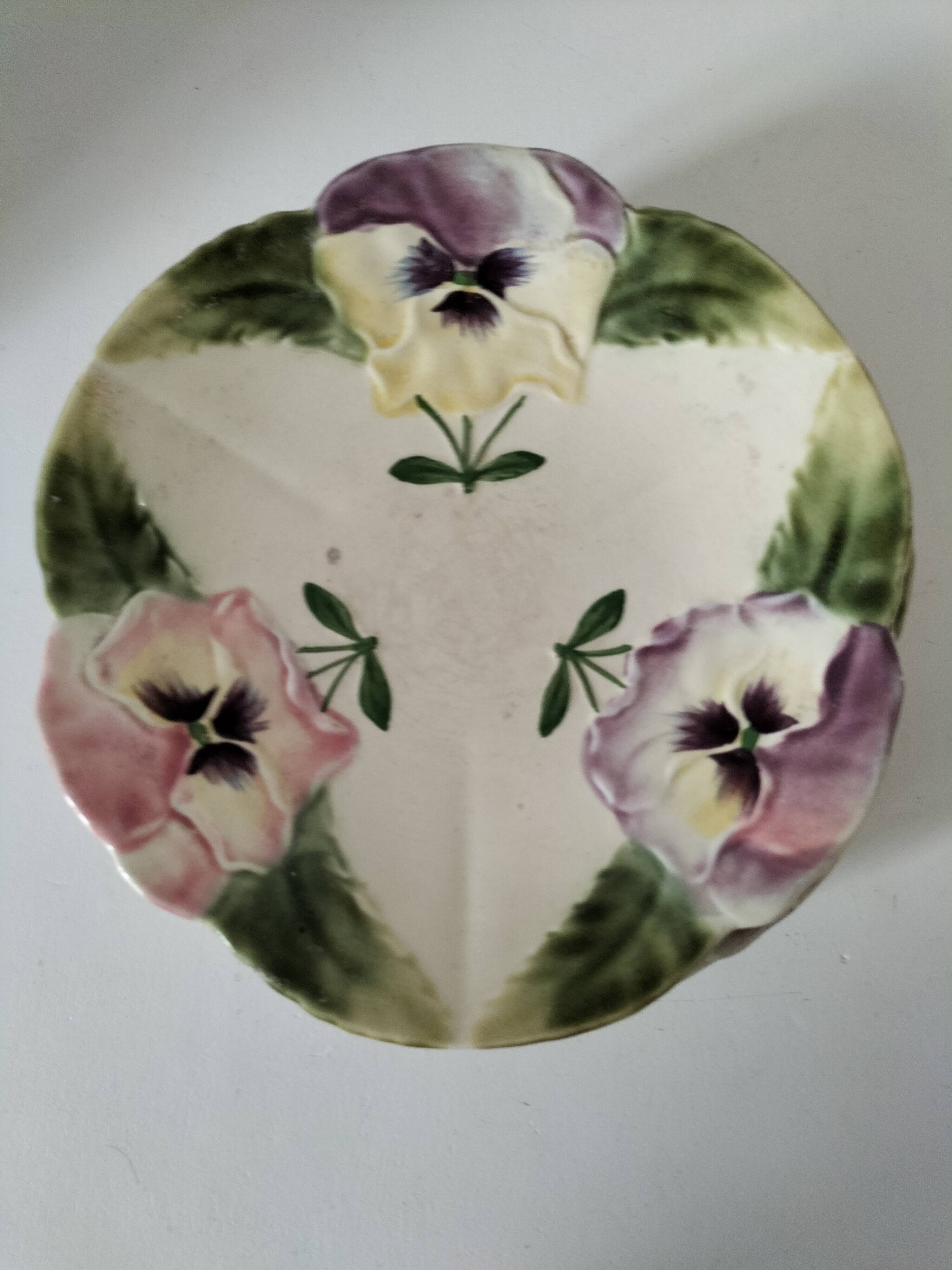 4 barbotine plates with pansies H. Boulenger Choisy-le-Roi