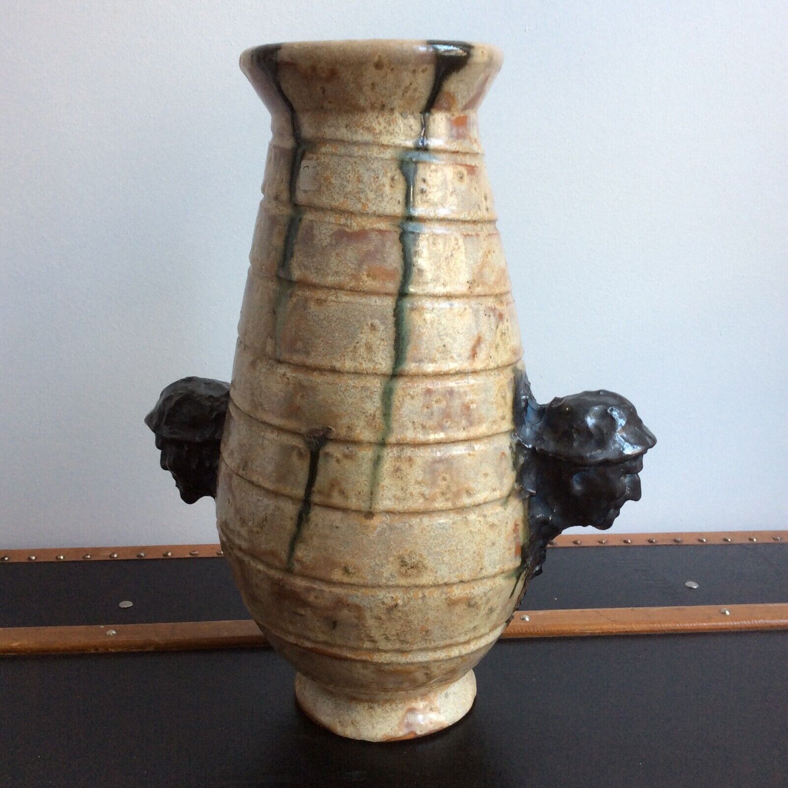 Large Vase Faces of Men in Sandstone Sylvain Sttublet Vintage Ceramic 1950