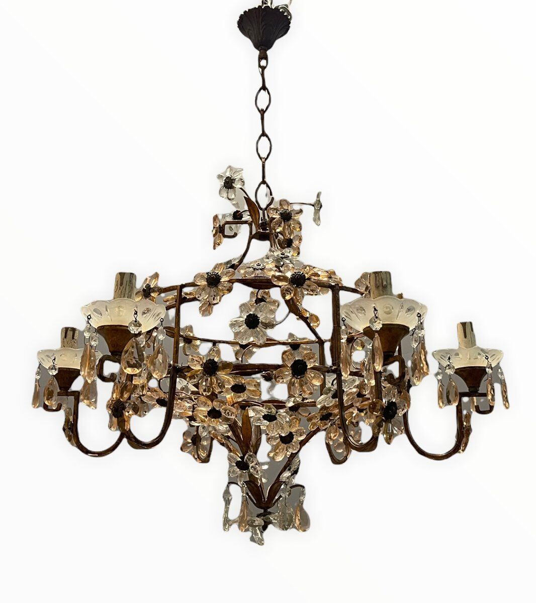 Italian Pink Murano Glass Flower Chandelier, 1950s
