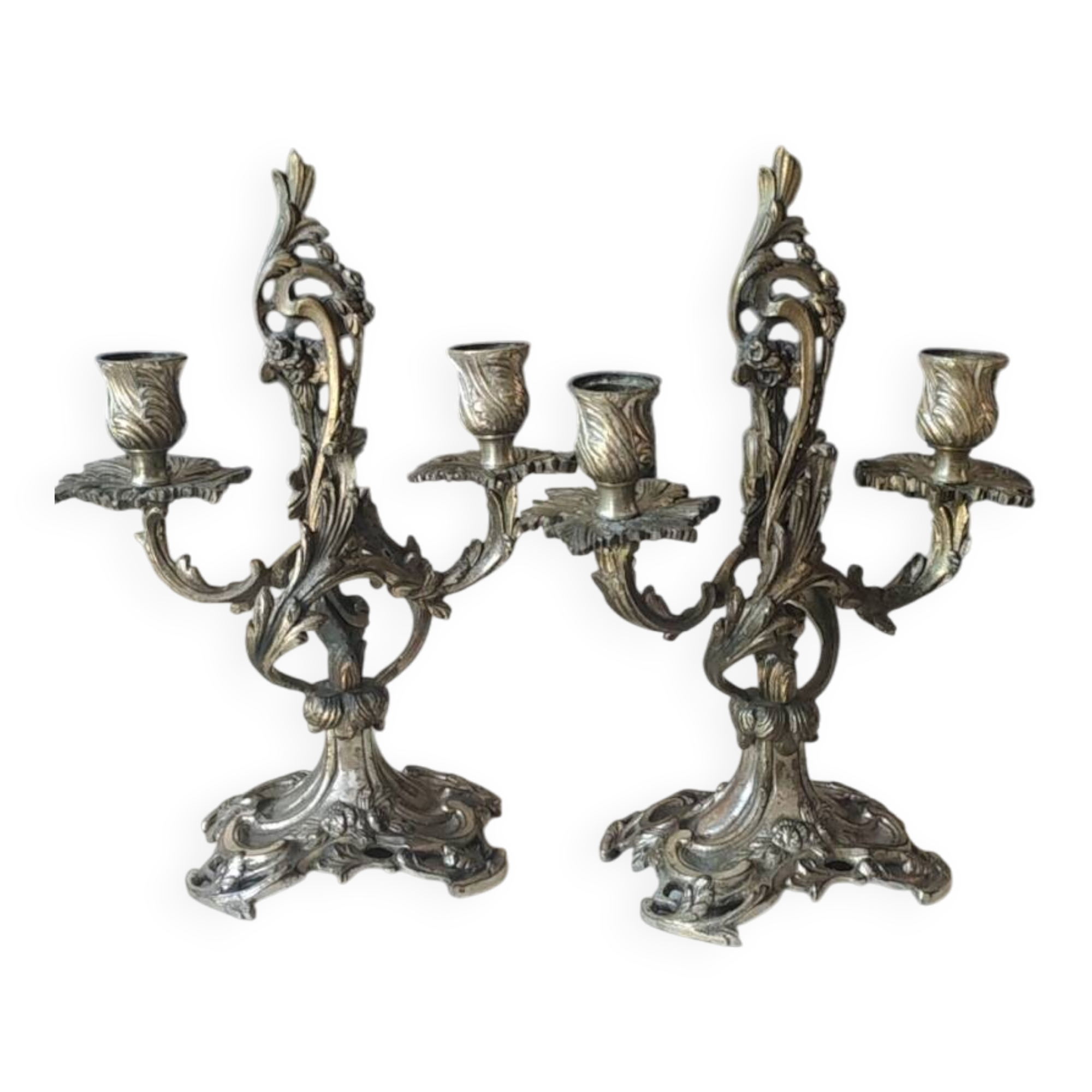 Pair of Candelabra in Louis XV/Rocaille Style, 2 lights. In gilded bronze, 19th century.