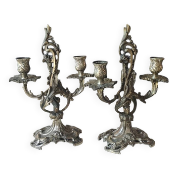 Pair of Candelabra in Louis XV/Rocaille Style, 2 lights. In gilded bronze, 19th century.