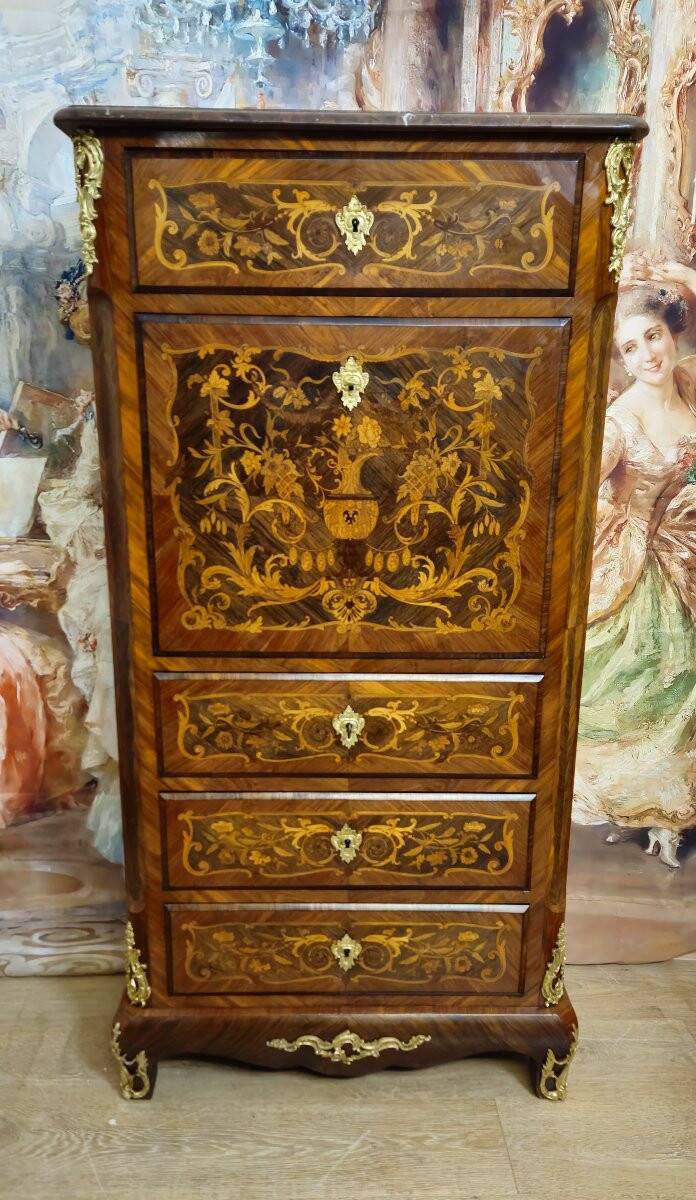Secrétaire époque XIXeme / marqueterie de bois nobles – Style Louis XV