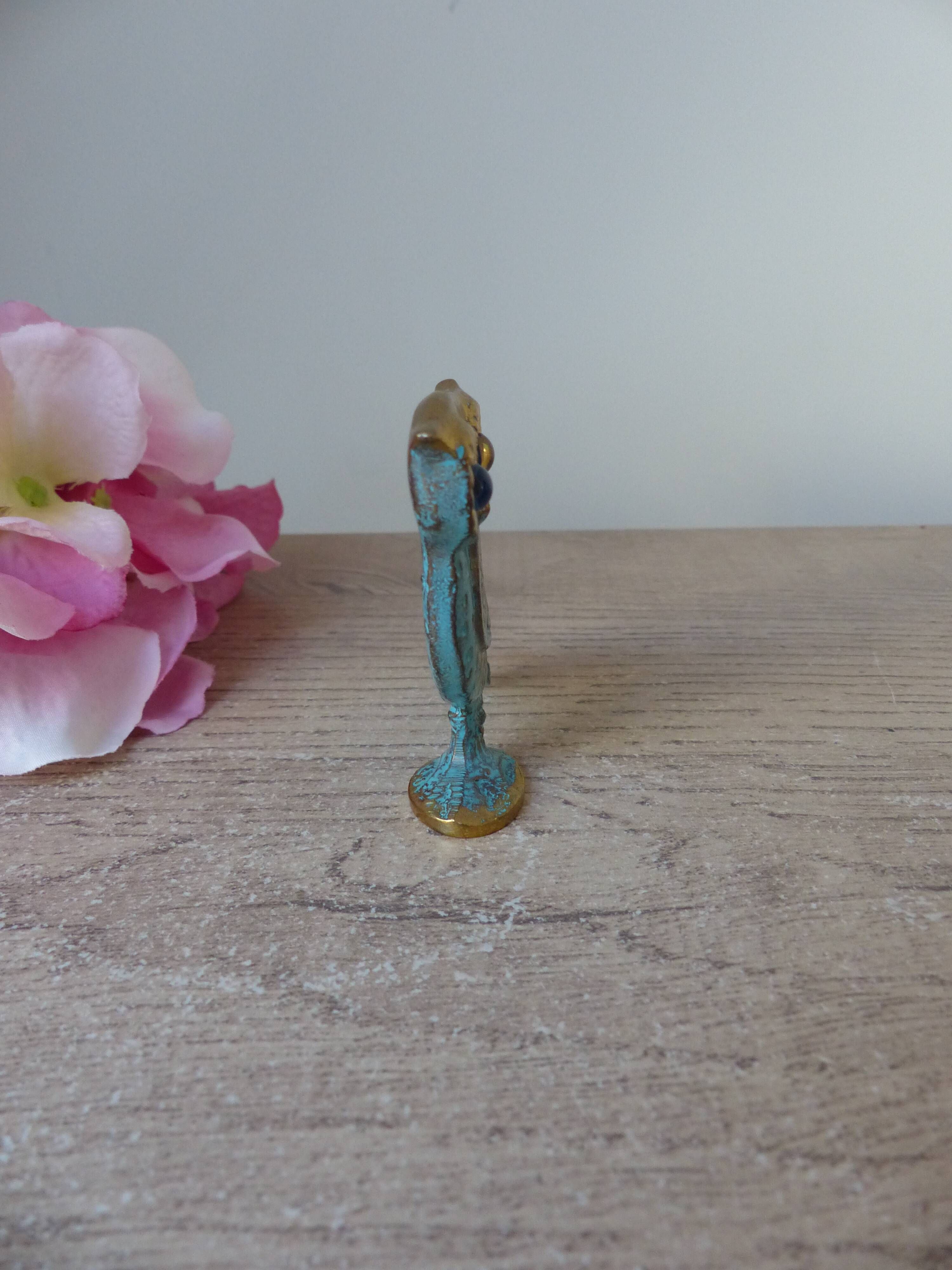 Miniature brass owl figurine with blue eyes, small owl vintage Greek art sculpture