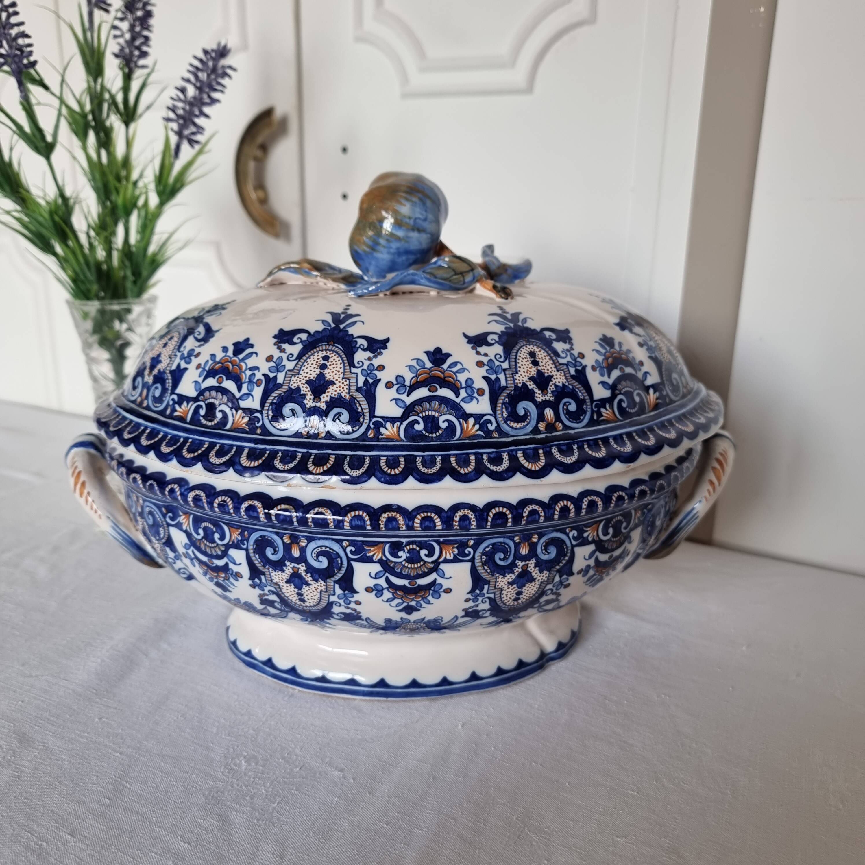 Antique earthenware tureen by Émile Tessier (1887-1971), Malicorne, France