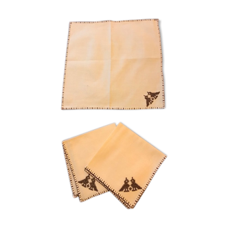 Hand embroidered old tea TABLECLOTH, 8 towels, 9 sets, cotton or straw yellow linen, year 1930