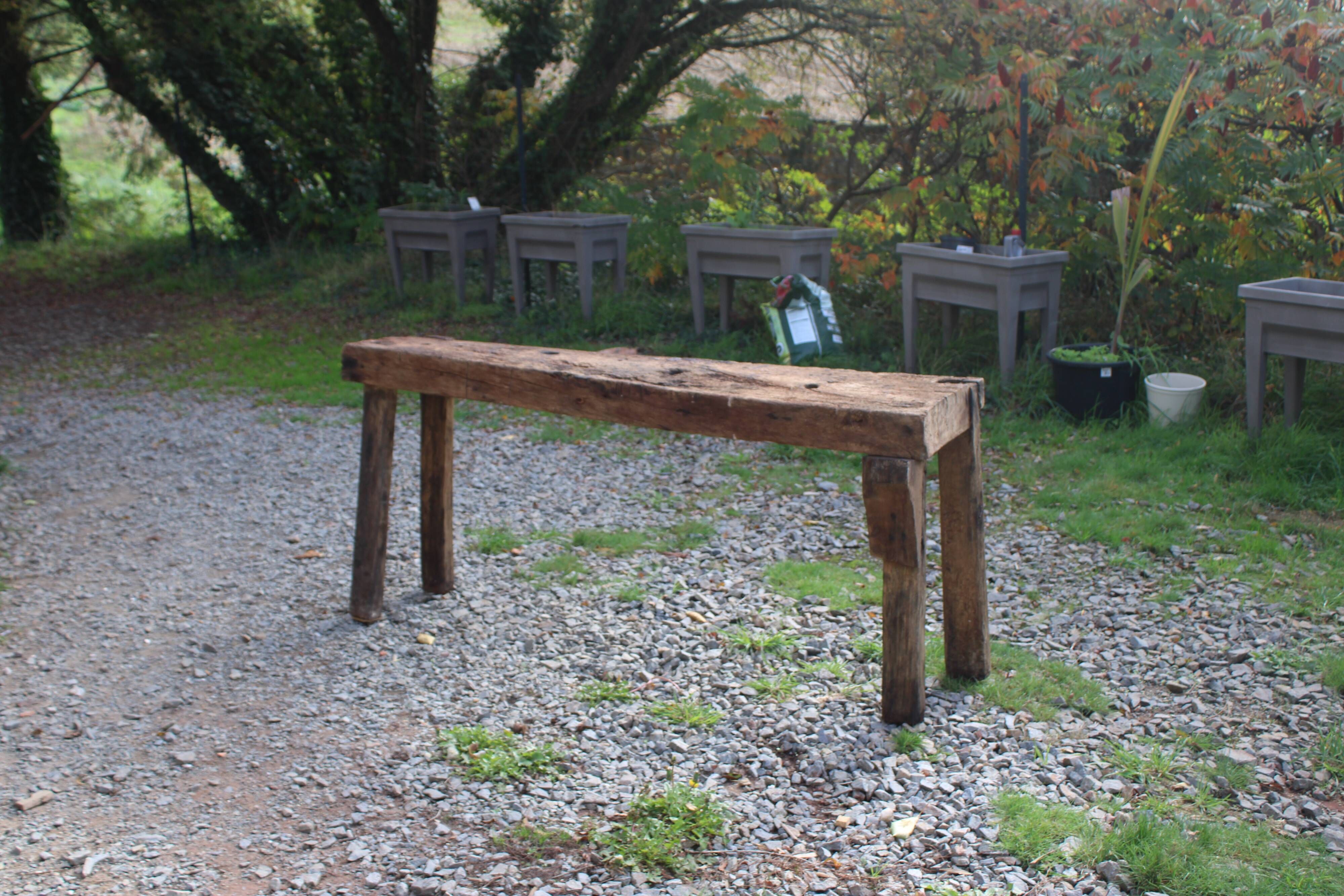 Old solid wood workbench – character console, thick top – 165 cm