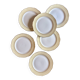 Lot de 6 assiettes plates vintage blanches avec frise jaune et dorée