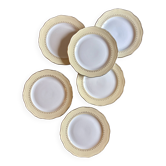 Set of 6 vintage white dinner plates with yellow and gold trim.