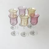 6 old pearlescent iridescent foot glasses - Old pink and amber