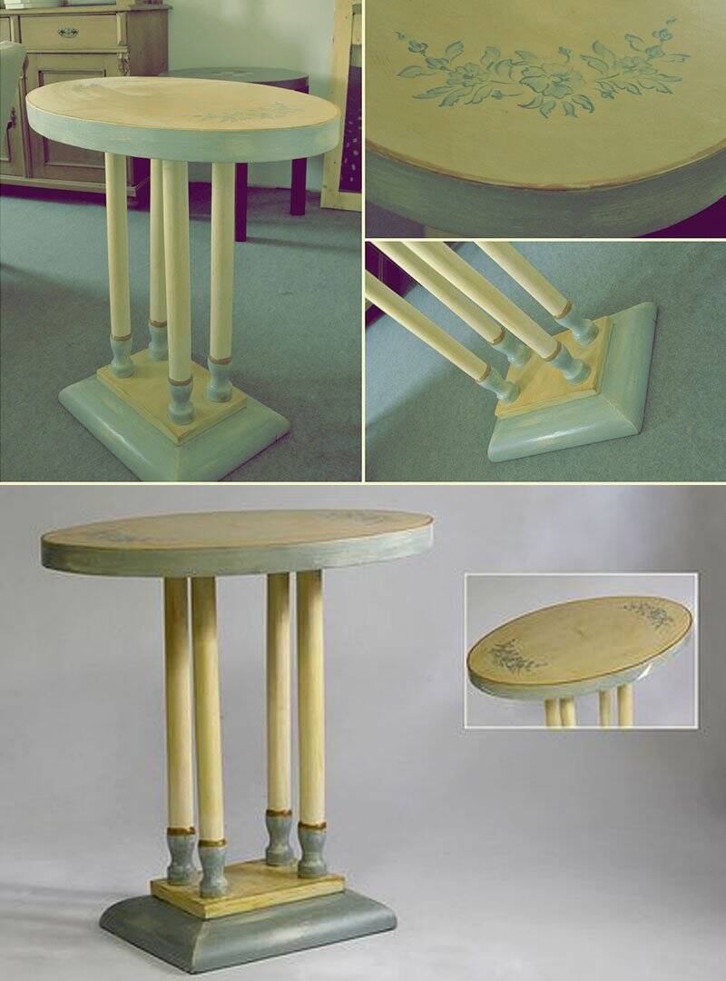 Art Deco oval side table in hand-painted azure blue and yellow wood, 1930s
