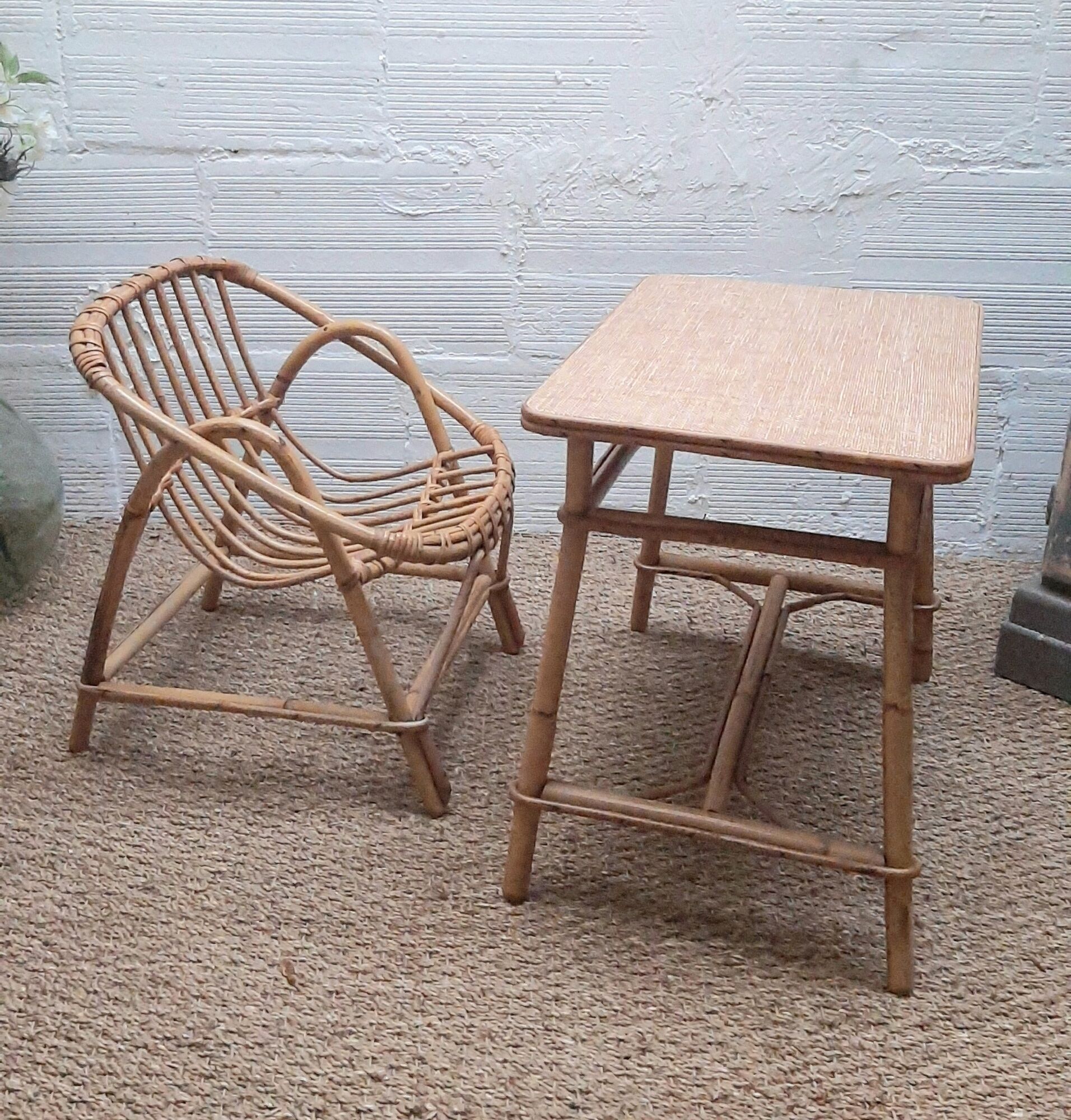 Set desk and armchair child rattan wicker 70s