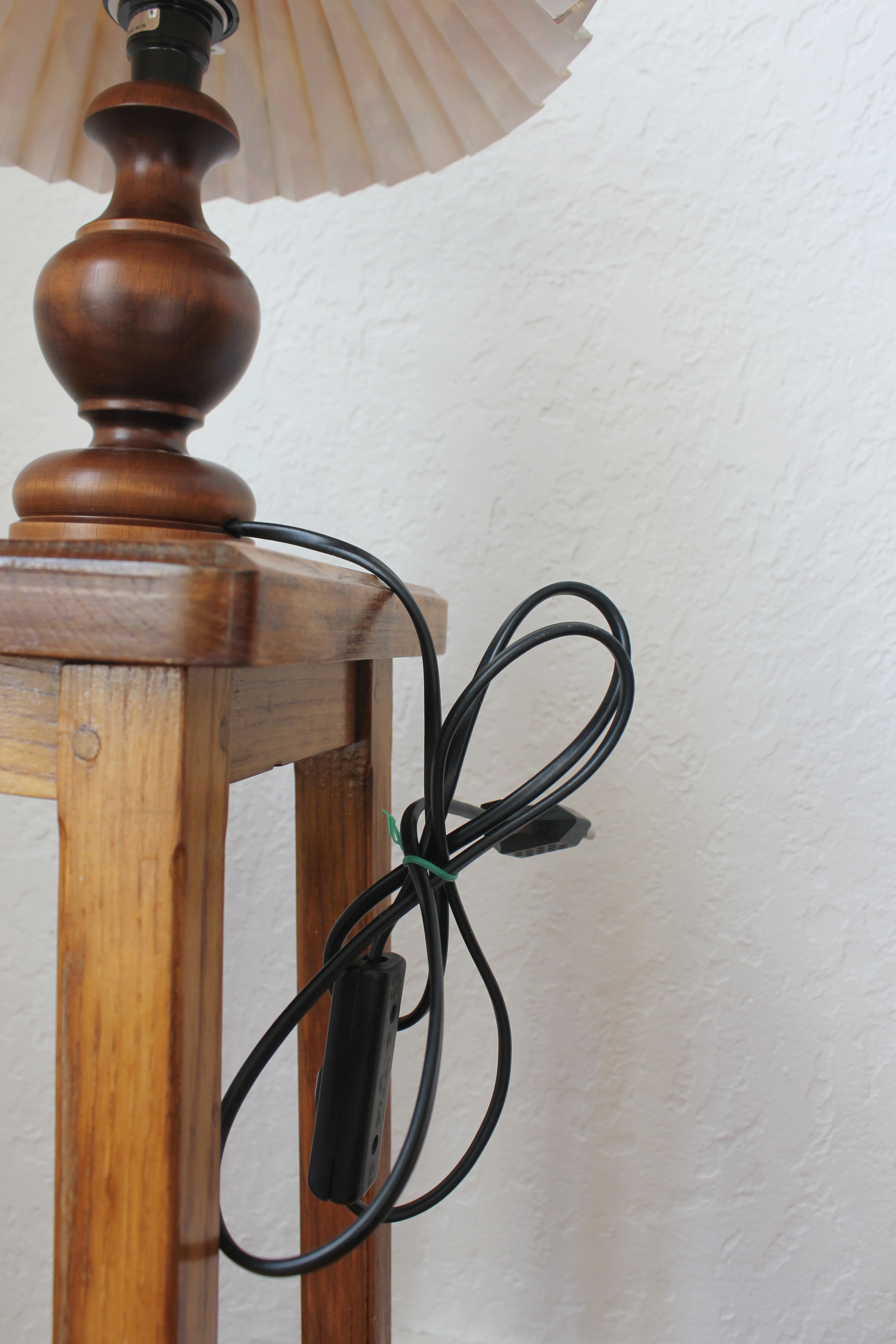 Wooden table lamp with vintage floral pleated lampshade