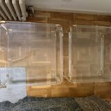 2 side tables in plexiglass, glass, and brass.
