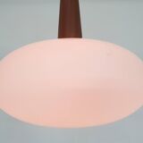 Set of three milk glass and teak pendant lights model NG74 by Louis Kalff for Philips, The Netherlan