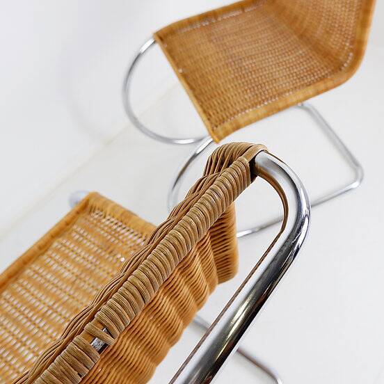 Pair of Cantilever chrome and Wicker Chairs Mies Van der Roye Style