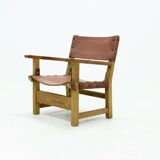 Brutalist Armchair in Pine and Cognac Leather 1960s