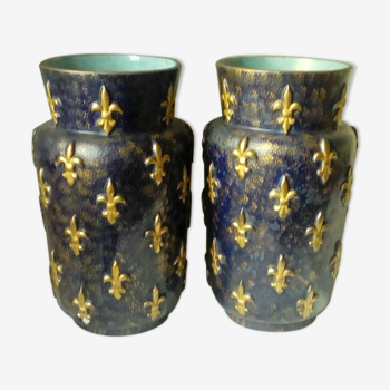 Pair of vases in faience decor fleurs de lys edouard gilles end 19 eme