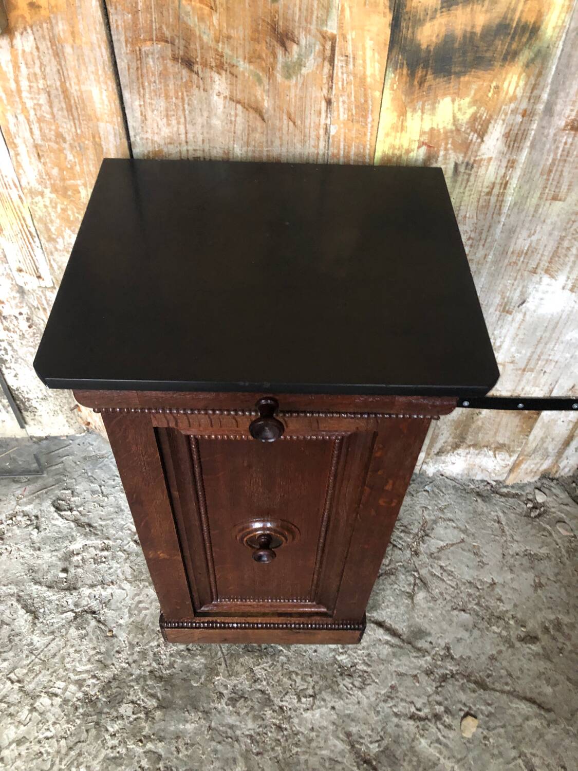 Bedside night table 19th century wood row of beads + black marble top #a637