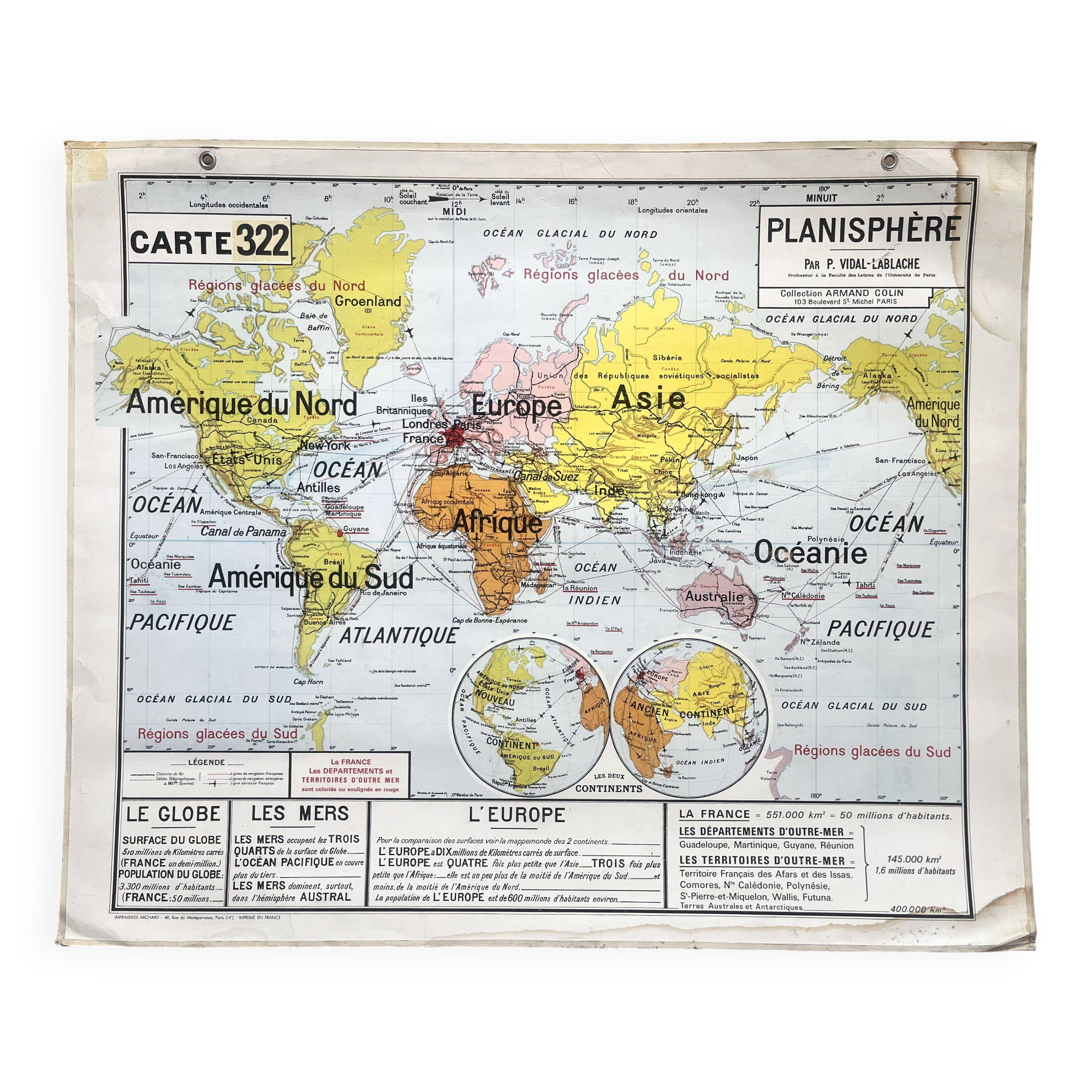 Ancienne carte scolaire Vidal-Lablache 322, 1960 - Planisphère monde, Out