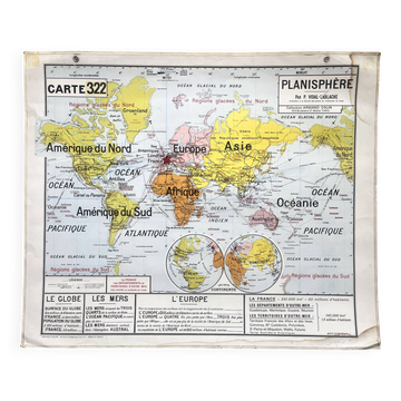 Ancienne carte scolaire Vidal-Lablache 322, 1960 - Planisphère monde, Out