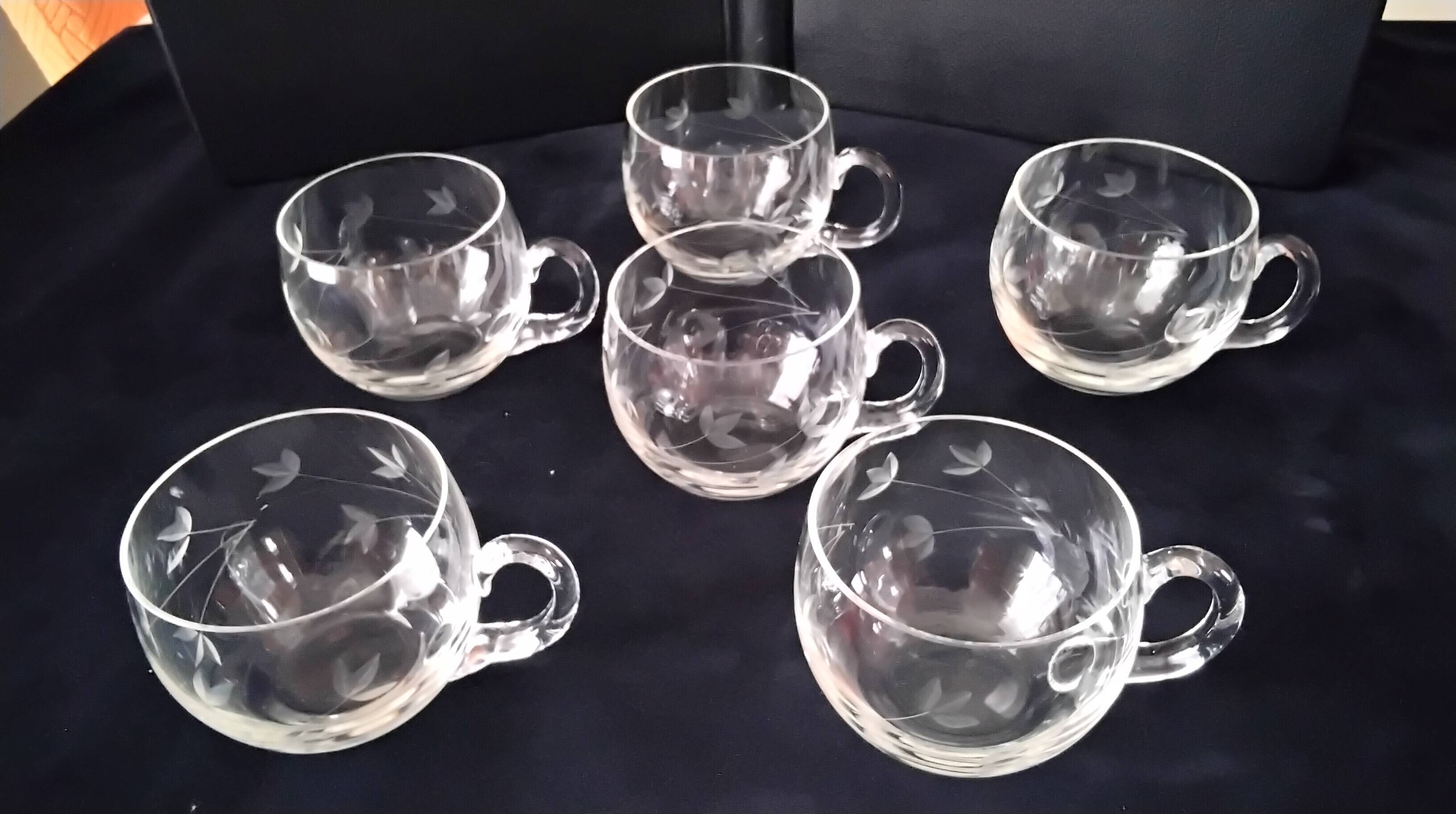6 engraved glass punch bowls or cups