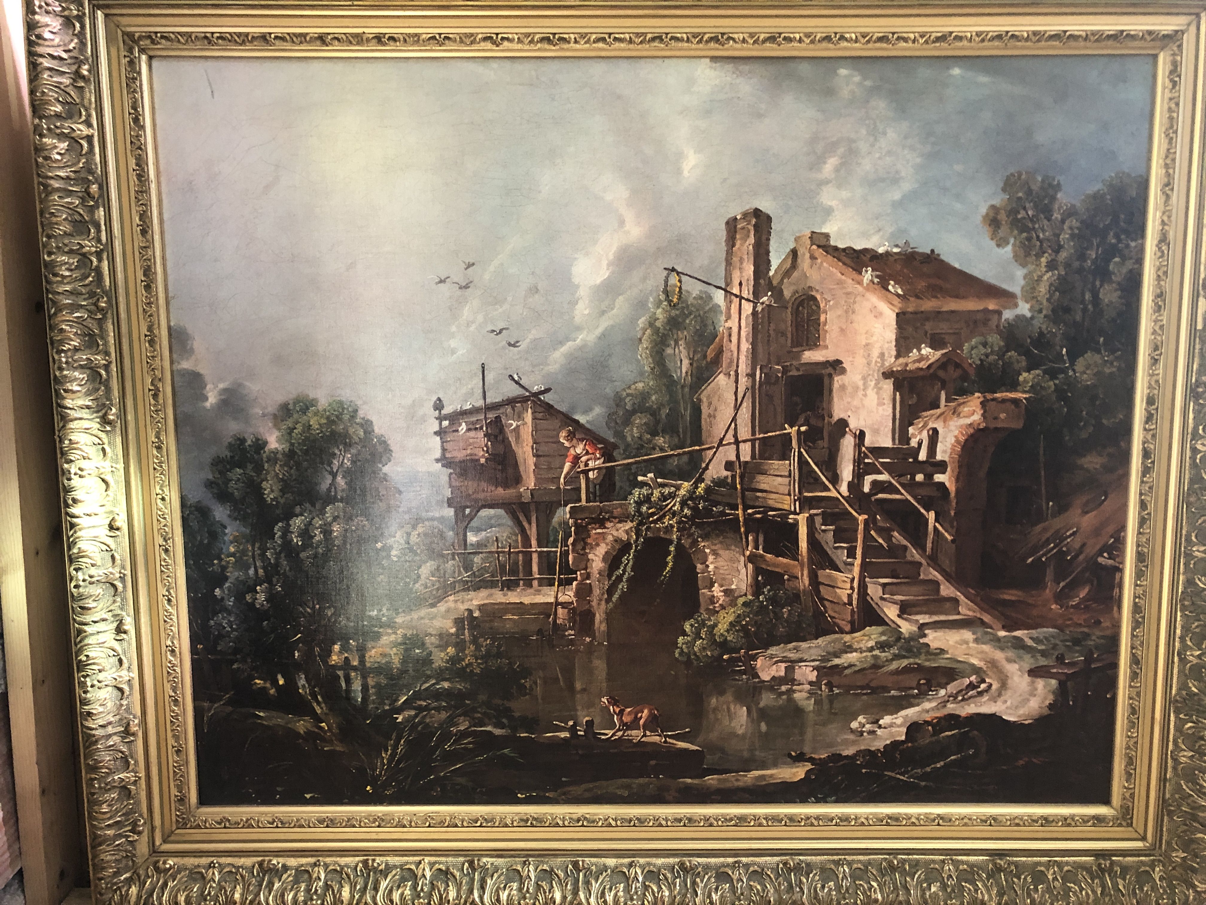 Old painting print on canvas + frame carved wood Gilded Vintage