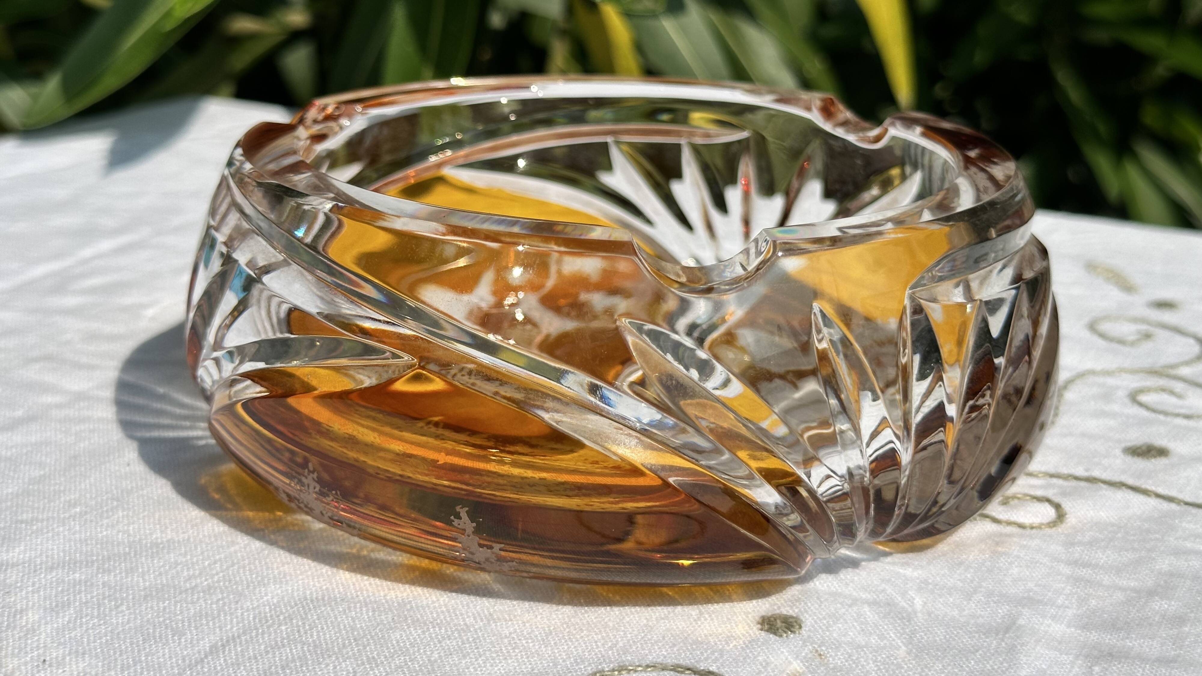 Magnificent Vintage Bohemian Ashtray in Cut Crystal of Yellow Orange