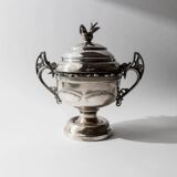 Vintage 1930s silver-plated footed bowl with lid by Warren Rogers New York, featuring a bird motif and ornate details.