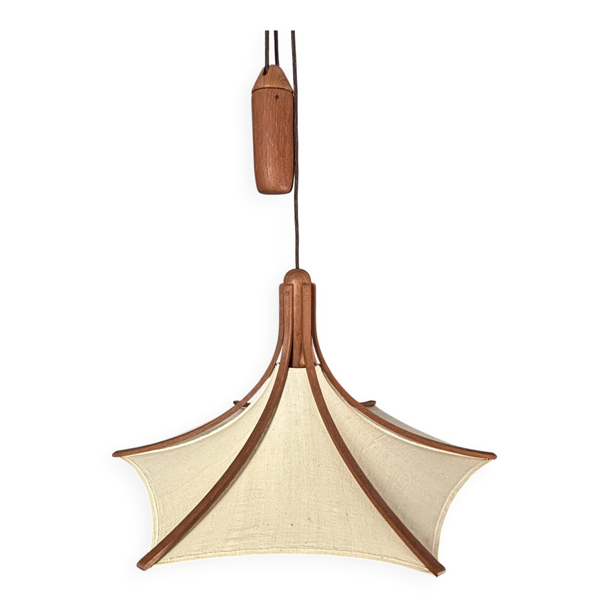 Teak And Linen Umbrella Counter Balance Pendant By Domus, 1970s