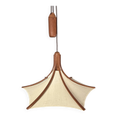 Teak And Linen Umbrella Counter Balance Pendant By Domus, 1970s