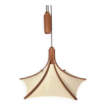 Teak And Linen Umbrella Counter Balance Pendant By Domus, 1970s