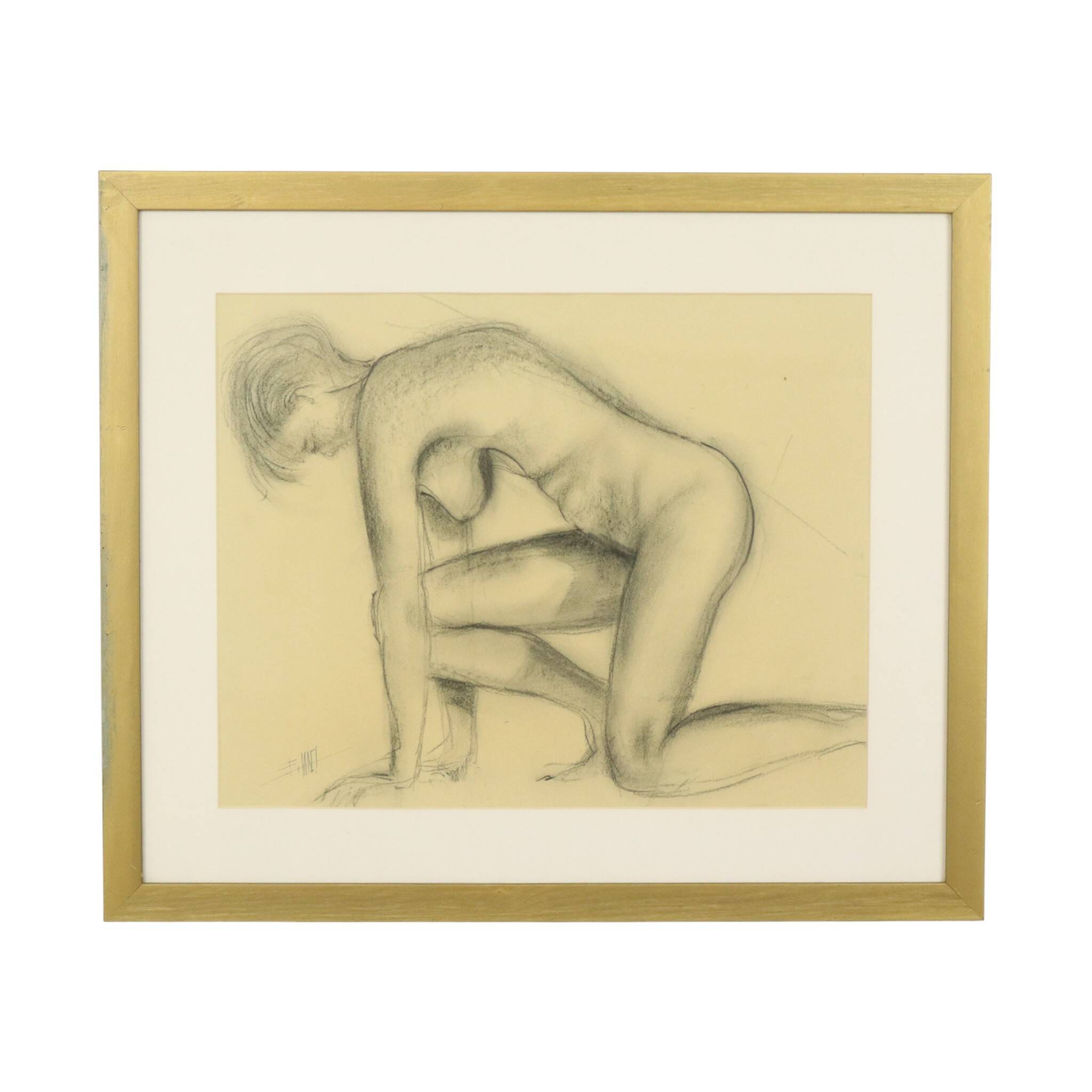 Charcoal Drawing Woman Nude Study Art Framed