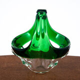 Glass green decorative basket, Czechoslovakia, 1960s
