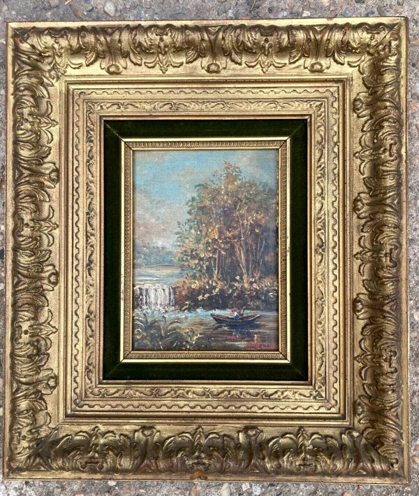 Tableau ancien - La jeune fille au bas de  la cascade - cadre doré