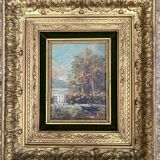 Tableau ancien - La jeune fille au bas de  la cascade - cadre doré