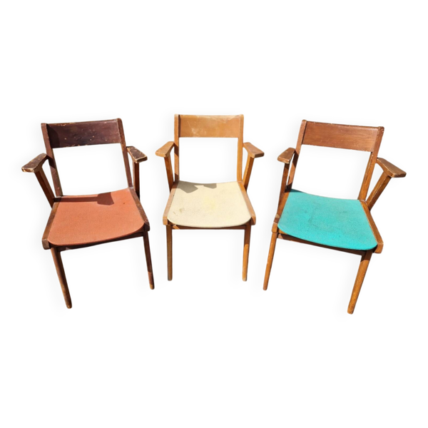 Lot de 3 fauteuils bridge à pieds compas années 50/60